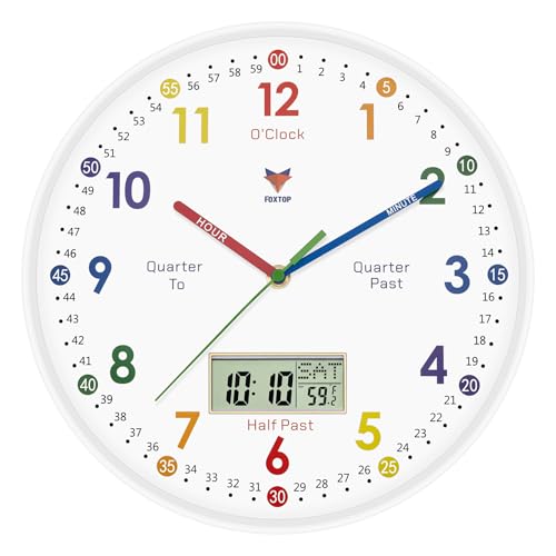 Foxtop Digital and Analog Learning Clock for Kids - Telling Time Teaching Clock 12 Inch Silent Non-Ticking Battery Operated Kids Wall Clock for Kids Room Playroom Nursery Classroom School (White)