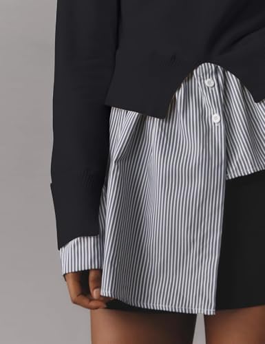 Womens Turtleneck Peplum Patchwork Sweater 2 in 1 Slit Asymmetrical Hem Pullover Sweater Striped Contrast Shirts Top2