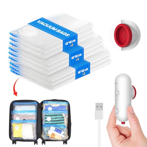 Vacbird Sac sous Vide Vêtements avec Pompe USB, 9 Sac de Rangement sous Vide (3X 40x40cm, 3X 40x50cm, 3X 40x60cm), Réutilisables et Portables, Idéal pour...