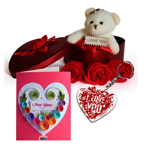 AWANI TRENDS Artificial Heart Shaped Box and Teddy and Roses and Love Greeting Card (Red, 1 Teddy, 3 Fragrant Rose Bud Petal Soap, 1 Heart Shape Tin Box, 1 Message Card and 1 Keycain AT-007