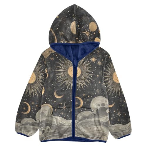 Boys Girls Fleece Jacket Vintage Sun Moon and Stars Kids Warm Hooded Outwear Coat