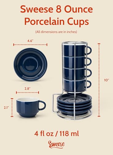 Image of Sweese 8 Ounce Porcelain Stackable Cappuccino Cups with Saucers and Metal Stand - for Specialty Coffee Drinks, Cappuccino, Latte, Americano and Tea - Set of 4, Navy