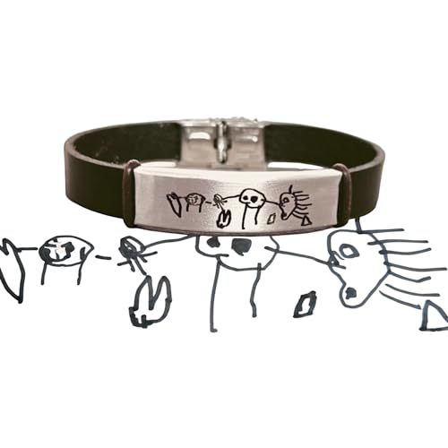 Pulsera personalizada con el DIBUJO de tus niños, totalmente ajustable, de cuero y acero inoxidable. Regalos día del padre, regalos día de la madre. (Cuero Marrón)