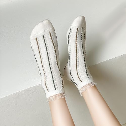 zrylibya Women Ruffle Frilly Lace Trim Ankle Socks Striped Textured Casual Cute Low Cut Socks 4 Pairs2