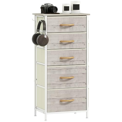 HOMCOM Kommode Kommode für Schlafzimmer mit 5 Stoffschubladen Hoher Aufbewahrungsschrank mit 4 Taschen, 2 Haken und Stahlrahmen für Wohnzimmer, Flur, Naturholz-Finish