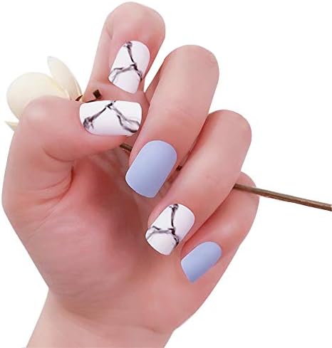 24pcs Fake Nails with Glue Square Matte False Nail French Tips for Women Girls Full Cover Finger Nails Decors