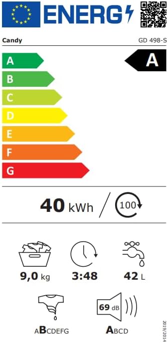 EU Energy Label for Candy GD 498-S washing machine, showing Class A efficiency, 40 kWh/100 cycles, 9.0 kg capacity, 3:48 program duration, 42 L water consumption, and 69 dB noise level.