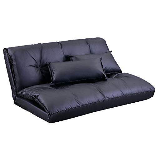 Adjustable Folding Leisure Sofa Bed, Floor Chaise Lounge Sofa Chair With 2 Pillows And 5 Reclining Position, Video Gaming Sofa For Bedroom Living Room (Pu Leather, Black) #TOP1
