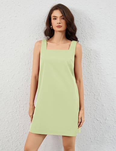 Image of Summer Linen Mini Dress for Women Sleeveless Square Neck Tank Shift Dresses Causal Backless Solid Short Sundress