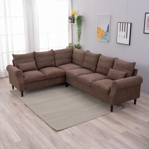 Panana L Shape Sectional Corner Sofa, 3 Seater & 2 Seater Corner Couch, Upholstered Fabric with Solid Wood Legs and CUshion Backrest For Living Room Lounge (Chocolate Brown, Scroll Arm)
