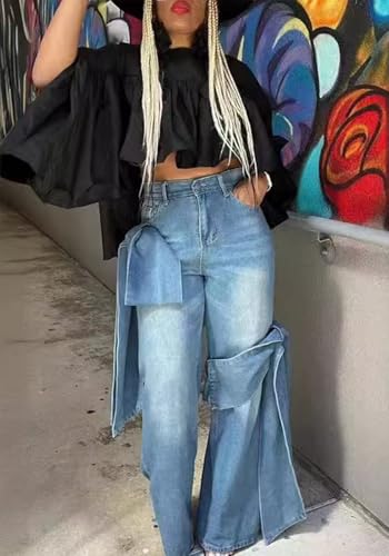 Women's Baggy Jeans Y2k Bow Tie Straight Wide Leg Denim Pants Streetwear Club Party4