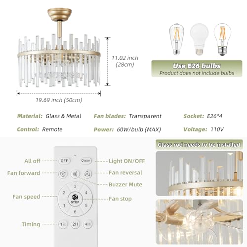 Image of 20 inch Gold Crystal Fandelier Ceiling Fan with Light, Gold Crystal Chandelier Ceiling Fan with Light Remote Control, 6 Speeds for Bedroom, Nursery, Living Room