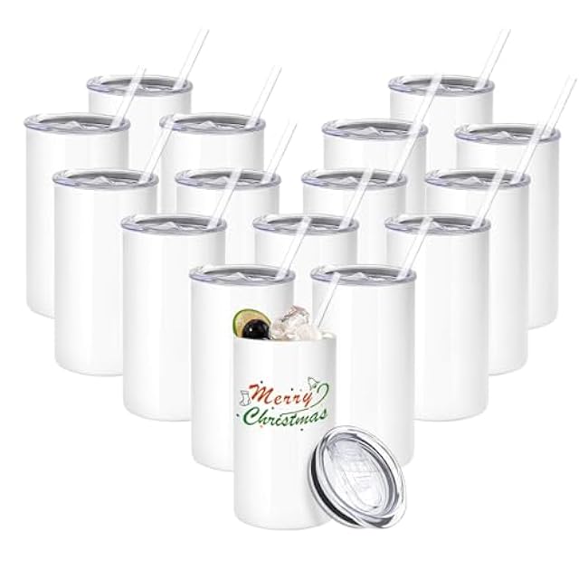 16 Pack Sublimation Tumblers Blanks Bulk Sublimation Cups Skinny Straight Tumbler Stainless Steel Double Wall Insulated Water Bottles with Lid & Straw for DIY Gift, 12oz White