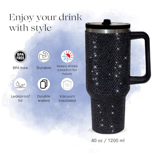Image of 40 Oz Rhinestone Tumbler with Handle and Flip Straw | Insulated Stainless Steel Double Layer Bling Tumbler | Leak Proof Glitter Tumbler for Women | Reusable 1200ml Travel Bling Cups Black