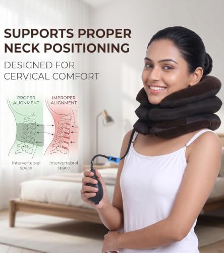 Image of Dimore Inflatable Brace Pillow Cervical Traction Device Adjustable Stretcher,Ideal for Spine Alignment and Chronic Pain Relief. (Brown)