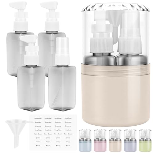 4-in-1 Reisespender Set 4 x 50 ml dunkle Reiseflaschen zum Befüllen im Hartschalen-Etui inkl. 3 Pumpspender + 1 Sprühflasche auslaufsicher für Shampoo und Kosmetik ideal für Handgepäck&Flugreisen