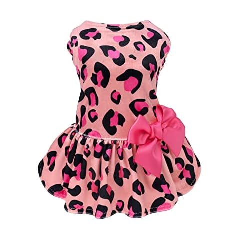 Fitwarm Valentines Day Leopard Dog Dresses, Lightweight Velvet Dog Clothes for Small Dogs Girl, Holiday Theme Outfit, Cat Apparel, Rose Red, Small Cover