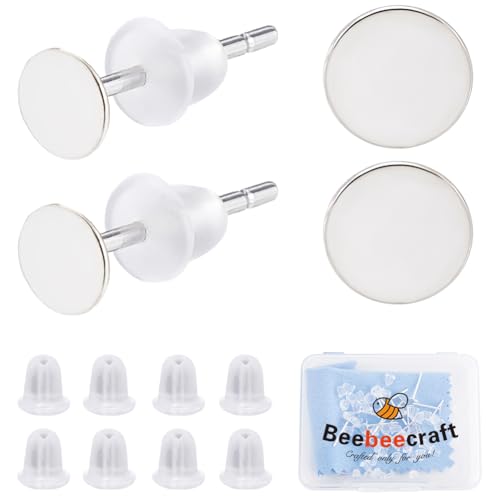 Beebeecraft 1 Box 20Pcs Flat Pad Stud Earring Settings 925 Sterling Silver Earring Cabochon Settings with 50pcs Ear Nuts and 1Pc Silver Polishing Cloth for DIY Jewellery Making Kit (Tray: 5mm)