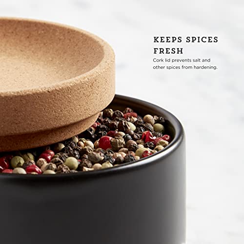 Image of Ceramic and Cork 3 Piece Stackable Salt and Pepper Cellar For Countertop Space Saving, Easy Lift Lid to Retain Freshness, Natural Cork and Black Ceramic