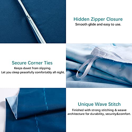 MILDLY 100% Long-Staple Cotton Duvet Cover Set Aqua Watercolor Marble Pattern Printed Comforter Cover 3pcs, Ultra Soft & Breathable Bedding Set