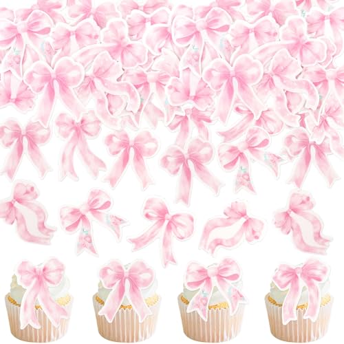 40 Pack Edible Pink Bowknot Cupcake Toppers Bow Edible Cupcake Picks for Bowknot Coquette Party Decorations Bridal Shower Cake Dessert Decors Baby Girl Birthday Wedding Party Supplies