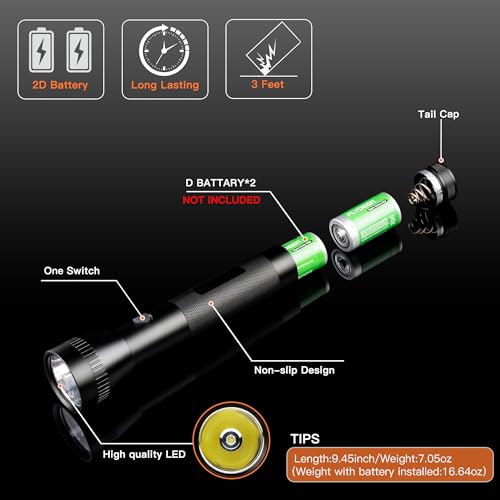KunHe 2D Cell Battery Big Flashlights Single Mode High Lumens Aluminum Heavy Duty Large Flashlight for Home Emergency Power Outage Outdoor Activities 2 Pack