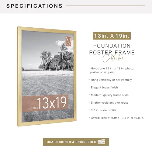 Image of MCS Foundation 13x19 Poster Frame Traditional Brass, Vertical & Horizontal Wall Hanging Large Picture Frame for Photos, Panoramics, Posters & Art Prints (1-Pack)