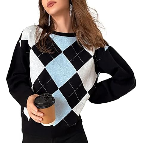 Fashionme Fall Winter Sweaters for Women/Teen Girls Trendy Cute Crew Neck Pullover Sweater Top Warm Cable Knit Long Sleeve Shirts Retro Argyle Plaid Cover