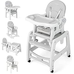 Trona Kikkaboo 3 En 1 COSTWAY 5 en 1 Tronas de Bebe, Trona Portatil con 2 Bandeja Extraíble de 4 Posiciones, Cojín, Respaldo de 3 Niveles, Silla de Comer, Trona Evolutiva para 6-72 Meses