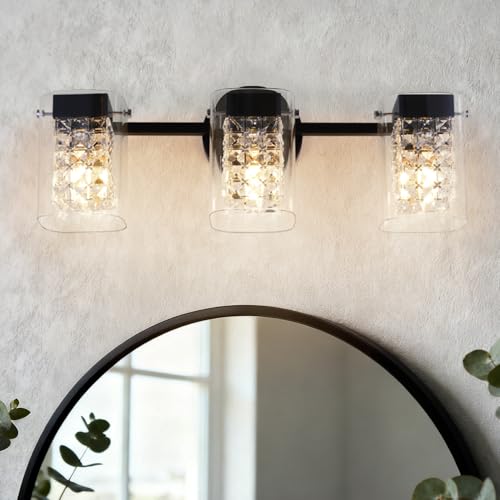 Image of 3 Lights Crystal Bathroom Light Matte Black Wall Light,E12 Bulb excluded | Wall Mount Bathroom Light Fixture Over Mirror Crystal Glass Shade Indoor Vanity Light for Bathroom,Living Room or Bedrooms