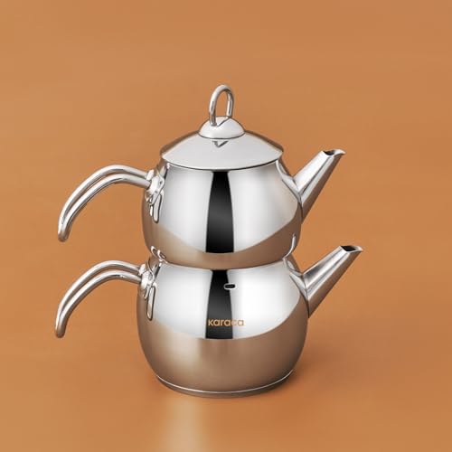 Karaca Adelya Stainless Steel Induction Teapot Set with 0.65L Teapot & 1.1L Tea Kettle Traditional Turkish Tea Set Brewing System Dishwasher Safe Silver