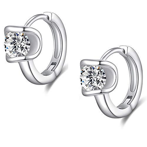 SugarTang Hoop Earrings Beaded Round, Cubic Zirconia Huggie Stud in 14K White Gold Plated Sterling Silver. (Huggie Earrings-CZ)