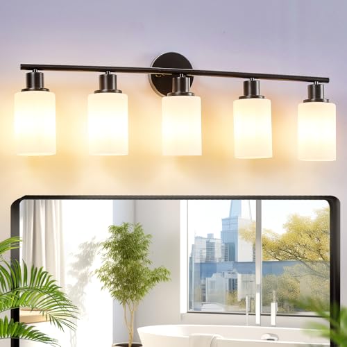 Image of DLLT 5-Light Bathroom Light Fixtures: Black Modern Vanity Lights with E26 Bulbs - Milky White Glass Shade Bathroom Wall Lamp for Mirror Kitchen Living Room Hallway Cabinet Porch