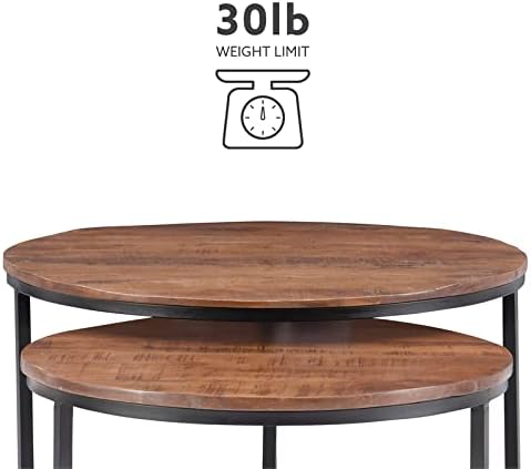 Pemberly Row Modern Nesting Coffee Tables, 31" Round Mango Wood and Metal, Black and Brown Finish, Space-Saving Set of 2, Contemporary Living Room Accent Tables for Apartments or Small Spaces