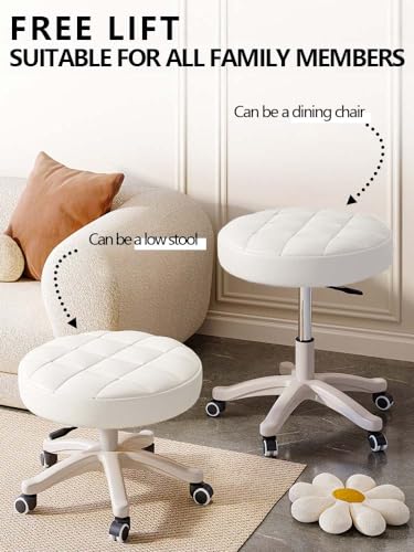 Image of Small Chair Round Rolling Stool with Wheels PU Leather Height Adjustable Swivel Drafting Work SPA Salon Stools Home Office Chair