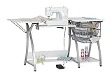 Sew Ready Pro Stitch Sewing Machine Table with 3-Wire Mesh Drawers and Drop Leaf Side Shelf, Craft Table and Computer Desk, Powder Coated Steel Frame in Silver with 47.25' W White Top, ,Silver/White
