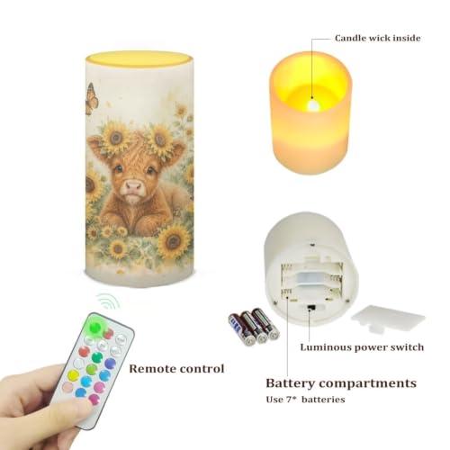 Image of Poceacles Flameless LED Candle Battery Powered Votive Lights Realistic Pillar Candle Decorative Tea Lights for Home Party Indoor Outdoor Decor, Highland Cow Sunflower Butterfly