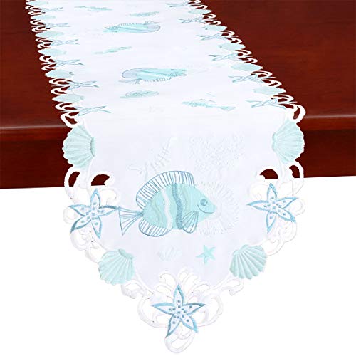 Simhomsen Embroidered Ocean, Sea Life, Coastal Or Beach Themed Fish Table Runner For Summer Decorations (Teal, 14 × 69 Inches) #TOP13