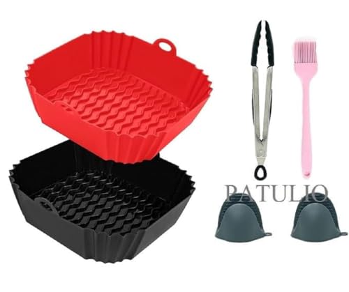 Image of 2 PCS Square Silicone Air Fryer Liners with 1 Pair of Oven Mitts, 1 Basting Brush and a 1 Tongs, Reusable Silicone Molds Air Fryer Accessories, Oil Brush, Replacement of Parchment Paper (Malti Combo)