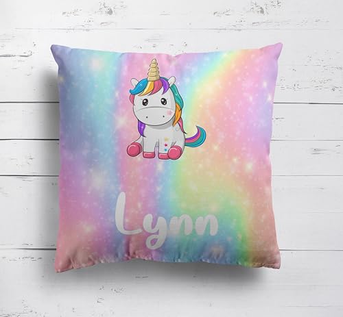 Image of GIFTIMIZED Personalised Custom Name Multi Colour Rainbow Unicorn Kids Cushion Throw Pillow Cover With Filling Option | Machine Washable | Super Soft | Made in UK | Multiple Sizes