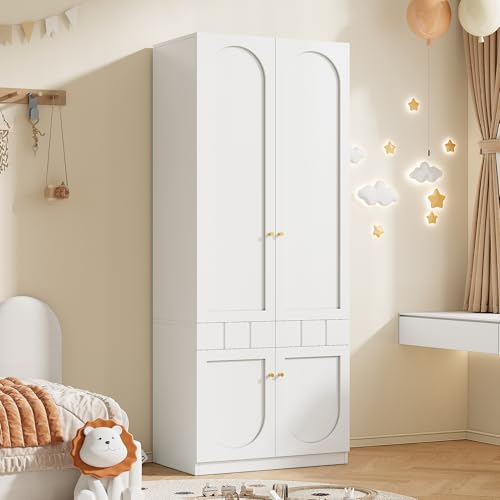 Rosebibi Armario de 2 puertas lacado blanco con barra y cajones, tiradores de metal, 80 × 50 × 200 cm