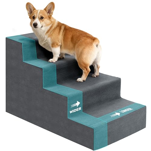 Dog Stairs for Bed, Extra Wide 4-Step Dog Steps for High Bed, High-Density Foam Pet Stairs with Non-Slip Removable Washable Cover for Small Pets, 18" H, Grey