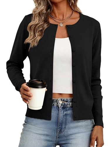 Bellcoco Cardigan Sweaters for Women Lightweight Crew Neck Button Down Long Sleeve Spring Summer Outfits Fashion Sweater 2026 Black M