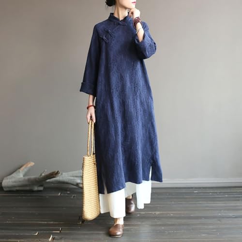 Image of LUZU JUNU Spring Women Dresses Chinese Dress Traditional Collar Vintage Cotton Linen Robe Cheongsam Dresses