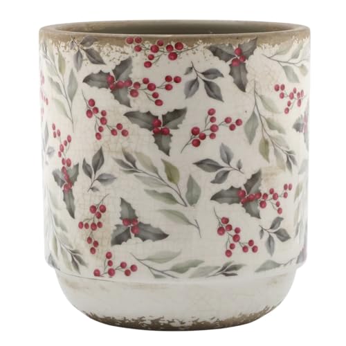 Ceramic Plant Pots Indoor Outdoor Flower Pot Planter with Holly & Mistletoe Print Design Watertight Cachepot Flower Planters with Lightly Distressed Effect Finish Christmas Home Décor Gift Idea (Tall)