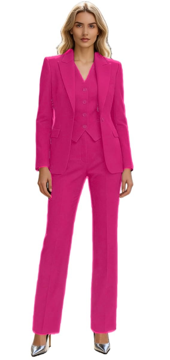 Botong 3 Pieces Women Suit Slim Fit Business Suits for Work Professional Peak Lapel Prom Tuxedos Hot Pink XS