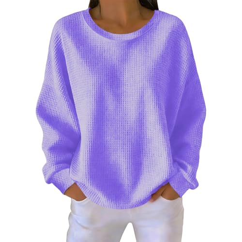 Waffle Knit Blouses for Women Round Neck Long Sleeve Smocked Cuff Top Solid Color Fashion Casual Shirts Purple