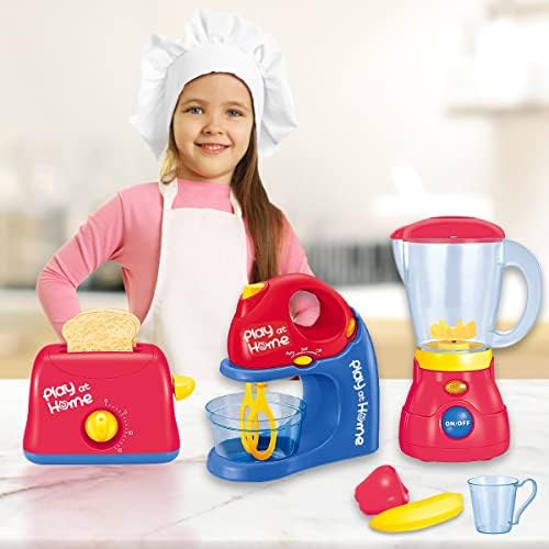 Kids Children 3 in 1 Pretend Play Kitchen Appliance Toy Mixer & Toaster & Juicer with Pretend Food fruits and Cup Real Working Sound Light Effect for Kids (Set of 3- All)