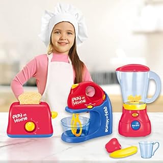 Kids Children 3 in 1 Pretend Play Kitchen Appliance Toy Mixer & Toaster & Juicer with Pretend Food fruits and Cup Real Working Sound Light Effect for Kids (Set of 3- All)