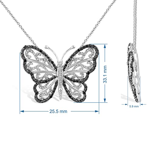 Jewelili Sterling Silver With 1/3 Cttw Treated Black And Natural White Round Diamond Butterfly Pendant Necklace, 18" Rolo Chain #TOP10